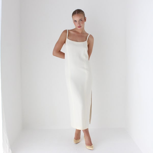1990s Vintage Sonia Rykiel Minimal Ivory Crepe Slip Dress for Elopement / Reception / Bridal Shower / Wedding Gown