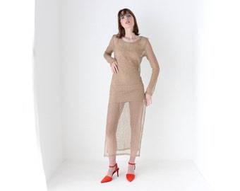 Y2K Flesh Mesh Fishnet Sheer Cut Out Open Knit Crochet Long Sleeve Sheath Dress