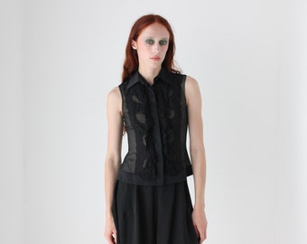 90s Pure Silk 'Sheer Illusion' Georgette, Lace & Satin Button Black Waistcoat Vest Top