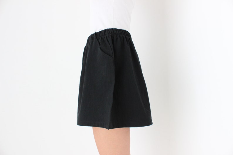 Cotton / Linen Blend Simple Black Elastic High Waist Flared Leg Minimal Shorts image 4