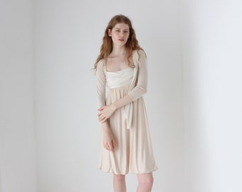 1990s SPORTMAX ITALY Blush Pink Pure Silk Jersey Gathered Draped Long Sleeve Romantic Cocktail Dress