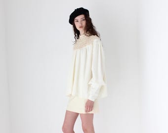 FRENCH COLLECTION 70s Gauze & Cotton Lace Poet Sleeve / Artist Smock Top