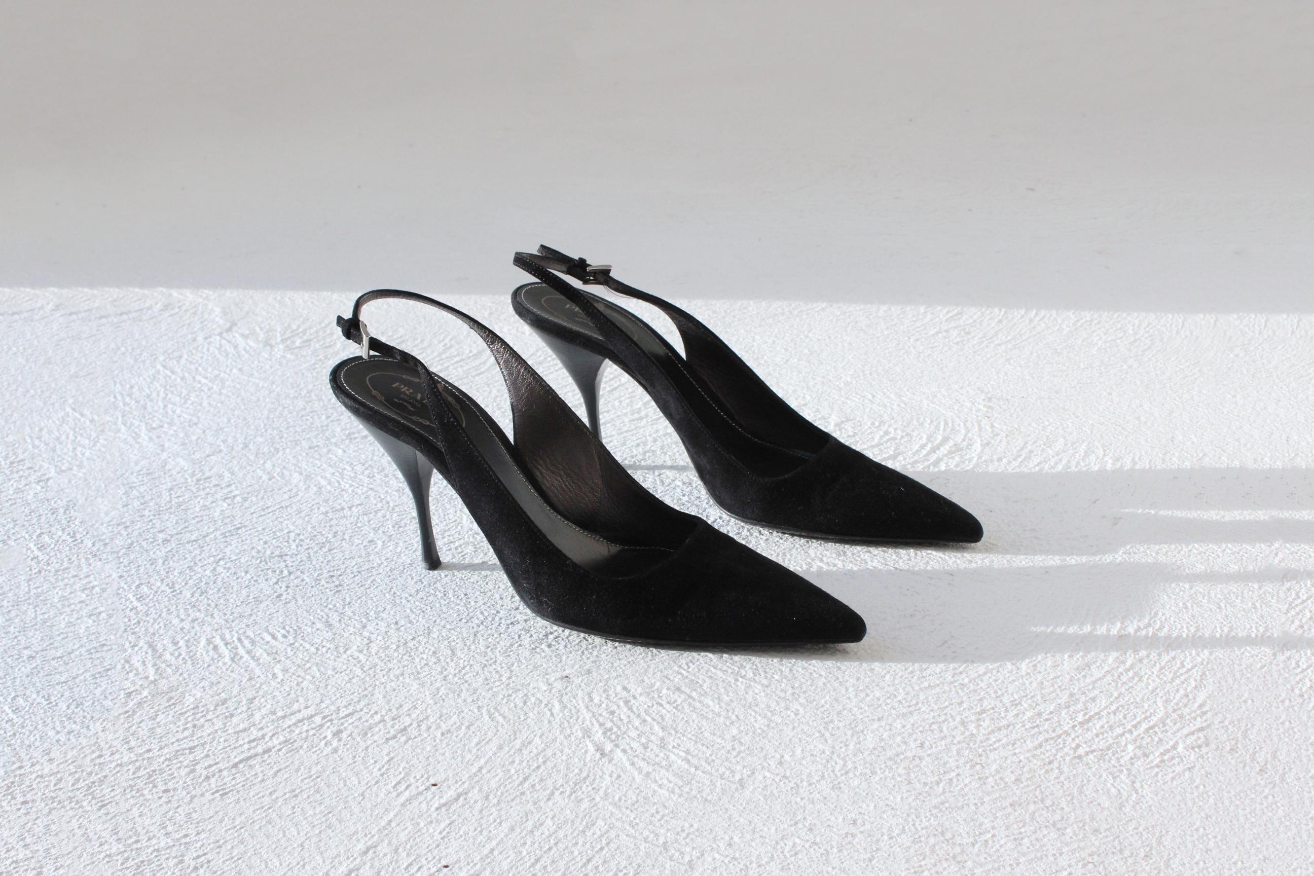 2008 Prada 'crucial II' Black Suede Pointed Toe Slingback Heels