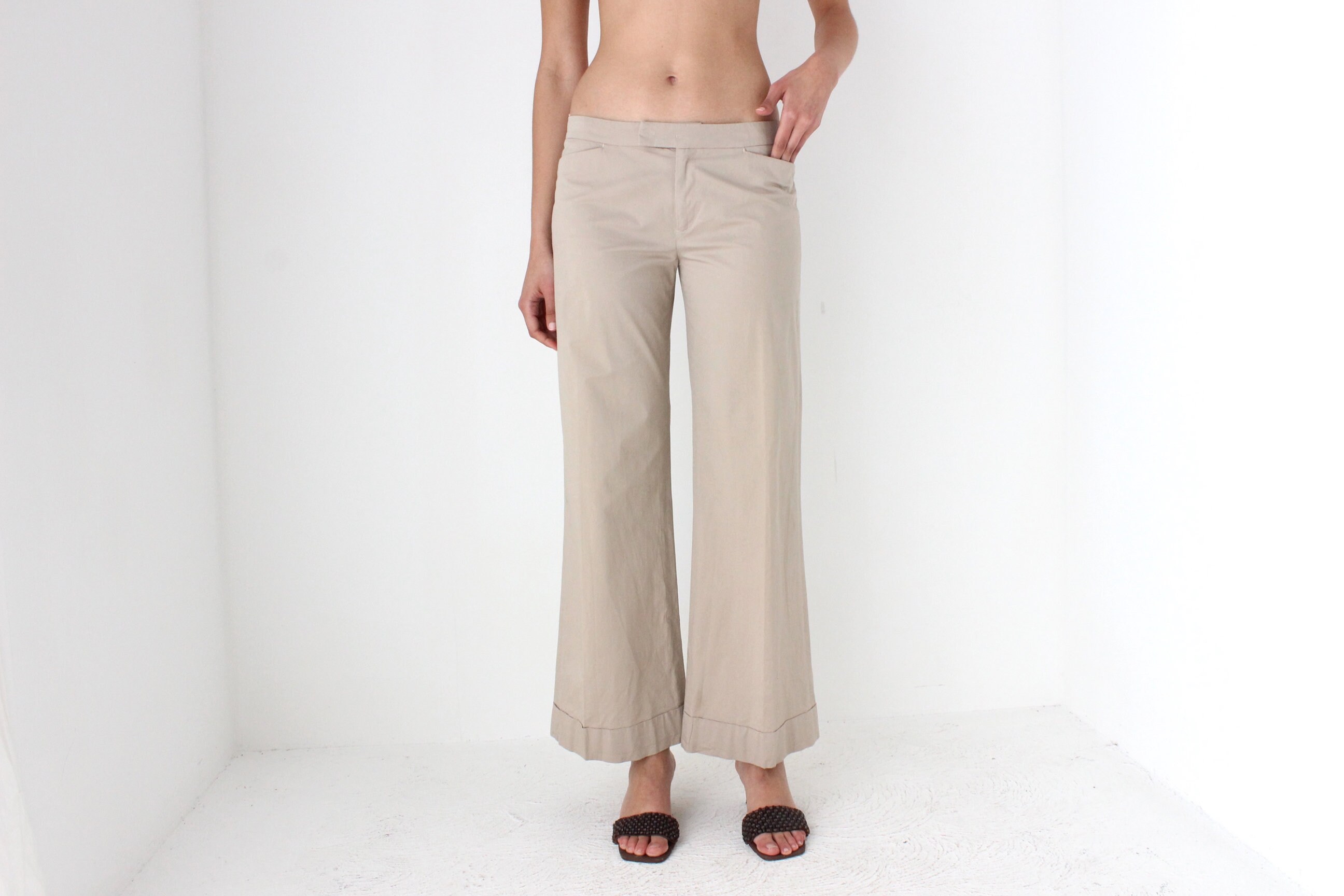 2000s Prada Sport Neutral Beige Low Rise Minimal Wide Leg Trousers