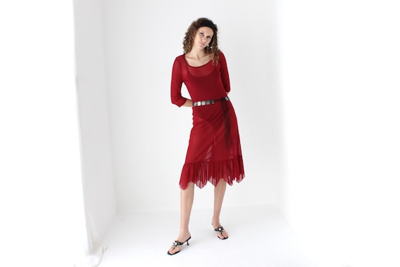90s Minimal Sheer Burgundy Mesh Stretch Long Sleeve Dress w/ Pointed Hem