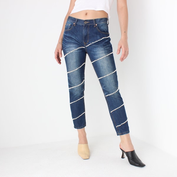 Y2K Eurotrash Pearl Encrusted High Waist Skinny Slim Fit Ankle Grazer Dark Blue Denim Jeans
