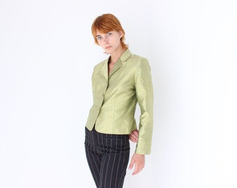 Y2K Olive Raw Silk Boxy Blazer or Structured, Bold Shoulder Top