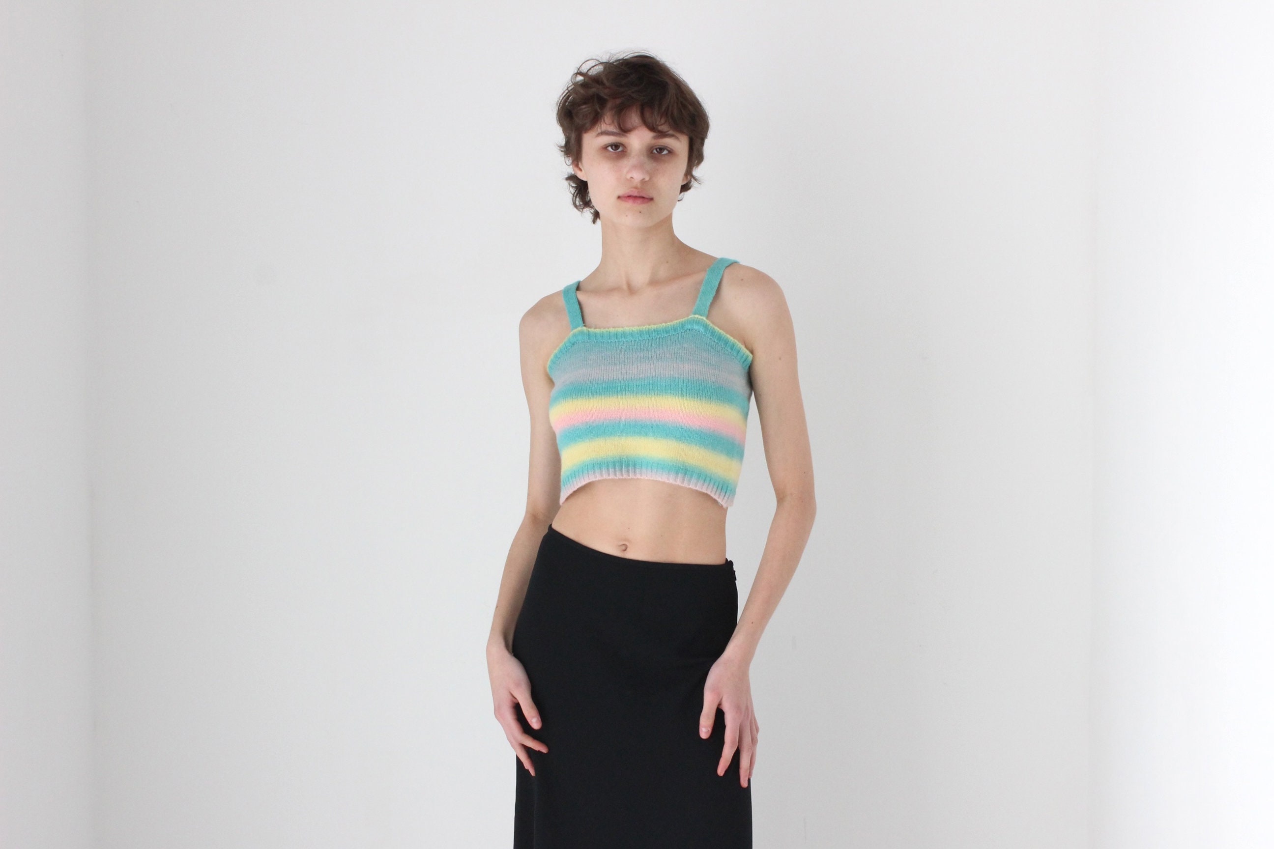 90s Candy Pastel Stripe Knit Stretch Fitted Tank / Crop Top - Etsy