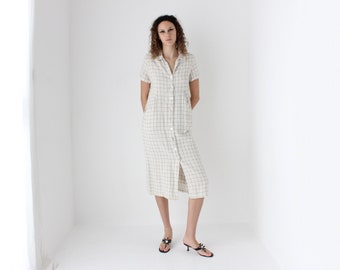 90s Pure Linen Off White Grid Check Loose / Relaxed Button Front Summer Dress