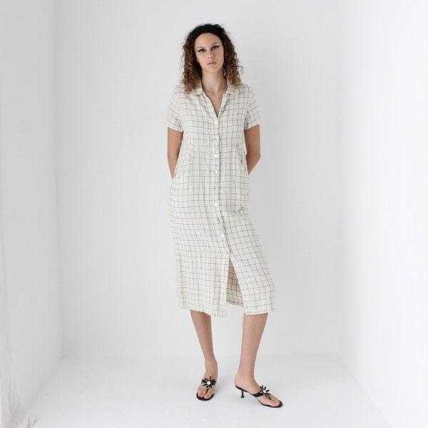 90s Pure Linen Off White Grid Check Loose / Relaxed Button Front Summer Dress