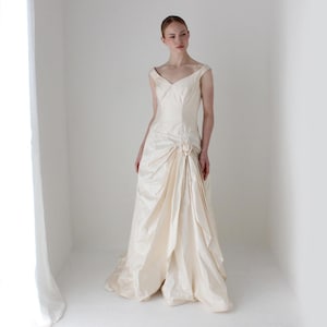 1980s Vintage Cream Silk Dupion Drop Waist, Corset Bodice Draped Wedding Gown w/ Rosettes & Full Voluminous Skirt