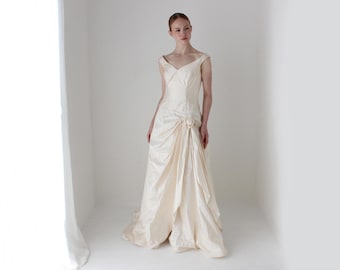 1980s Vintage Cream Silk Dupion Drop Waist, Corset Bodice Draped Wedding Gown w/ Rosettes & Full Voluminous Skirt