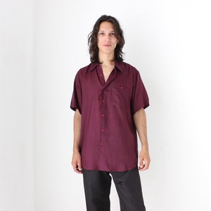 80s PURE SILK Aubergine Boxy Short Sleeve Button Up Shirt - Unisex