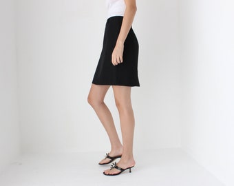 90s Minimal Black Crepe Vintage A-Line Mini Skirt w/ Slim Belt Loops