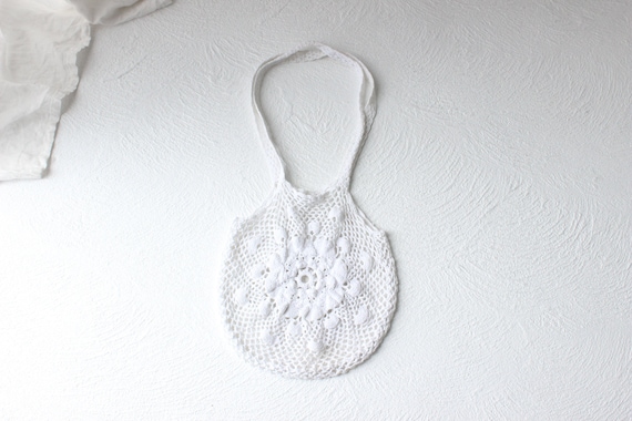 90s White Cotton Crochet Woven Circle Round Shoul… - image 1