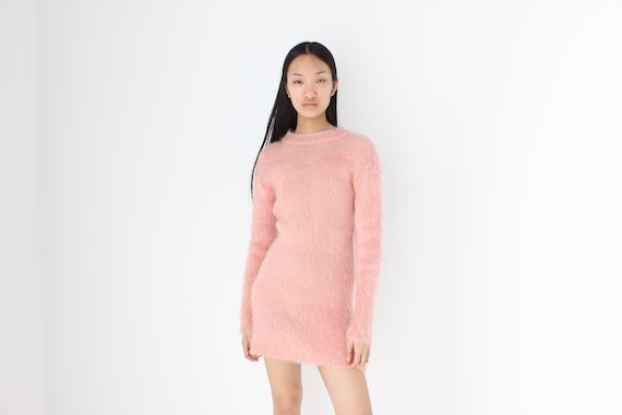 80s Hand Knit Mohair & Wool Fluffy Baby Pink Long
