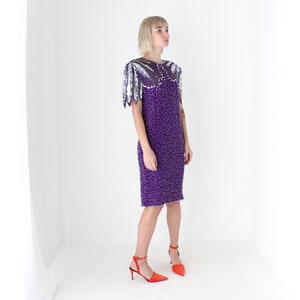 80s Vegas Heavily Sequinned Purple Silk & Silver Beaded Cocktail Party Dress