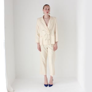 1980s ESCADA Wool, Silk & Mohair Cream Two Piece Boxy Bridal Wedding Vintage Pant Suit