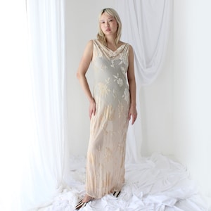 90s Luxurious PURE SILK VELVET Cream Floral Burnout Bias Cut Minimal Scoop Neck Maxi Party Bridal Gown
