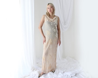 90s Luxurious PURE SILK VELVET Cream Floral Burnout Bias Cut Minimal Scoop Neck Maxi Party Bridal Gown