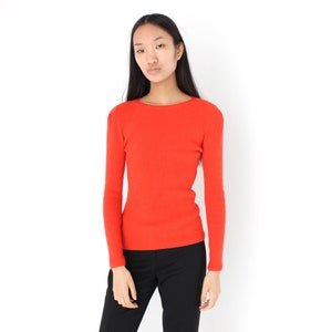 Y2K Angora Blend Bright Orange Ribbed Stretch Knit Crew Neck Fitted Sweater Top image 2