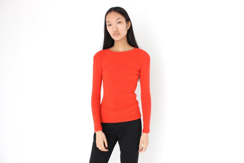 Y2K Angora Blend Bright Orange Ribbed Stretch Knit Crew Neck Fitted Sweater Top image 2