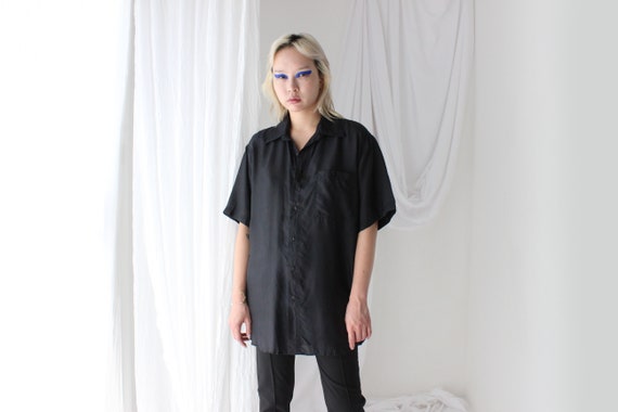 80s PURE SILK Ink Black Boxy Short Sleeve Button … - image 2