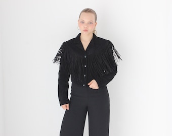 Zwart suède cropped western bomberjack met franjes uit de jaren 80 met franjes en kwastjes