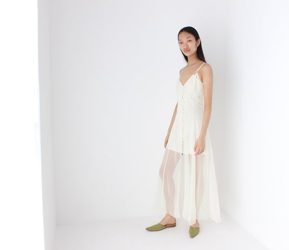 90s Sheer Romantic White Button Up Babydoll Maxi S