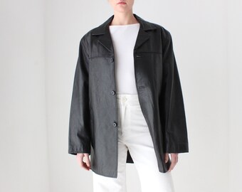 90s Black Leather SIRICCO Classic, Minimal Button up Boxy Pea Coat