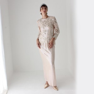 80s Judith Ann Creations Pastel Sequin + Silk Long Sleeve Top & Maxi Skirt Matching Cocktail Disco Bridal Set