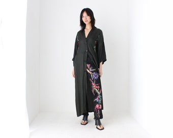 1980s Bohemian Silky Rayon Sweeping Button Front Kimono Jacket / Robe Dress