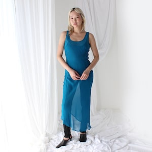 90s PURE SILK Georgette Sheer Teal Minimal Simple Bias Cut / Sleeveless Scoop Neck Dress