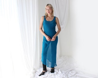 90s PURE SILK Georgette Sheer Teal Minimal Simple Bias Cut / Sleeveless Scoop Neck Dress