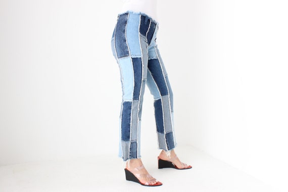 Y2K Frayed Denim Patchwork Cropped Kick Flare Jea… - image 5