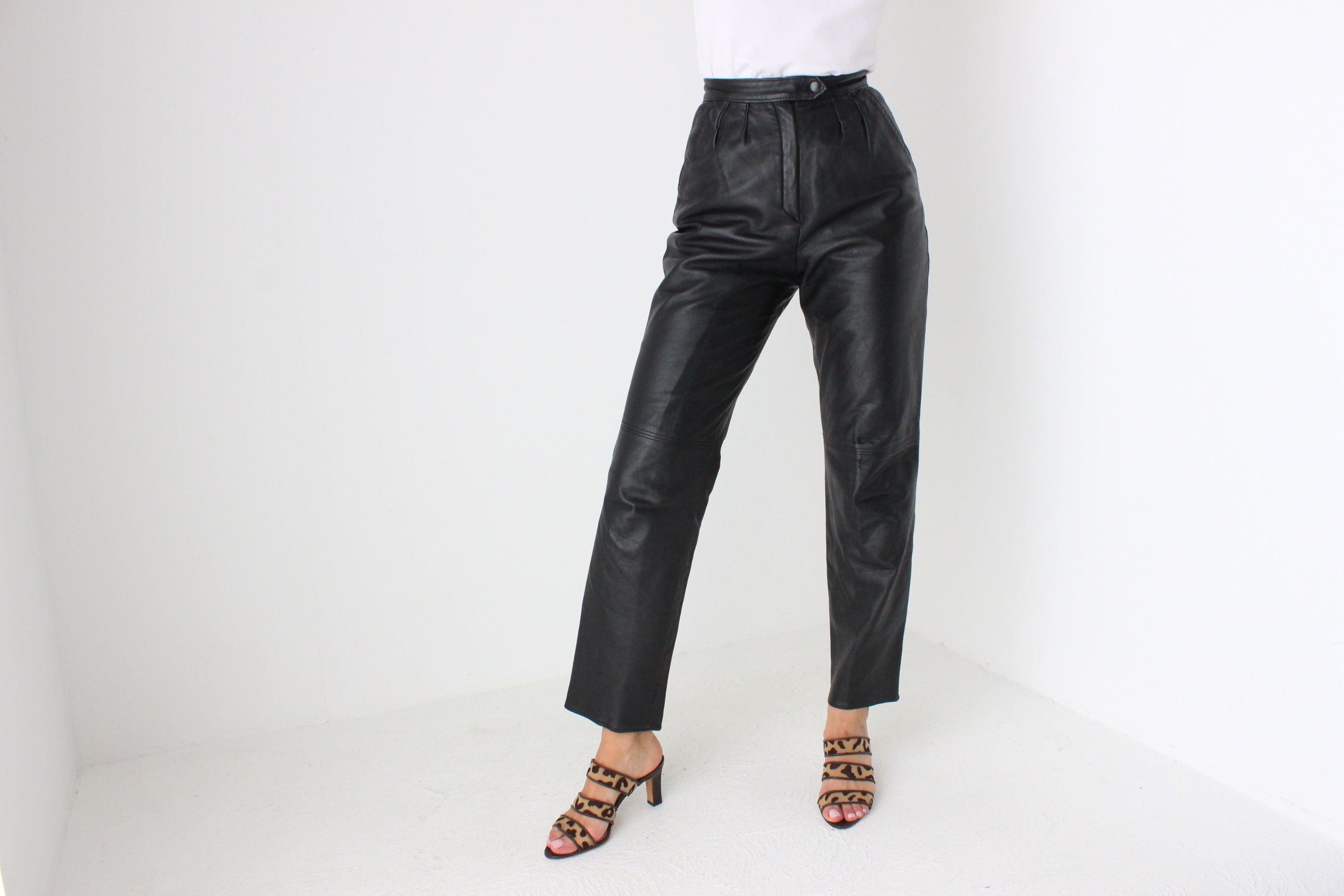 Black Star Leather Pants / Womens High Waisted Pants / 90s Vintage