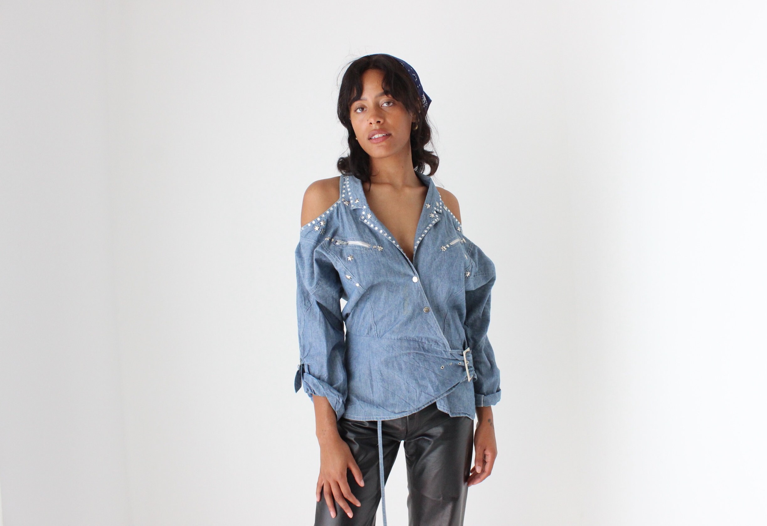 80s Chambray Denim & Cowgirl Studded Cold Shoulder Wrap Top - Etsy