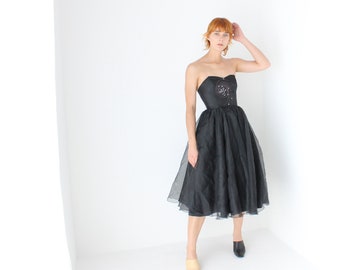 80s Does 50s Voluminous Organza & Tulle Full Skirt Strapless Bombshell Cocktail Dress w/ Galaxy Swirl