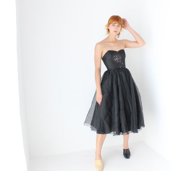 80s Does 50s Voluminous Organza & Tulle Full Skirt Strapless Bombshell Cocktail Dress w/ Galaxy Swirl