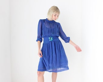 Vestido de festa artesanal dos anos 80 em georgette de seda com mangas bufantes, da Rafaella Atelier.
