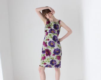 2000s Cotton / Silk Dreamy Floral Bateau Neck Sleeveless Sheath Cocktail Dress