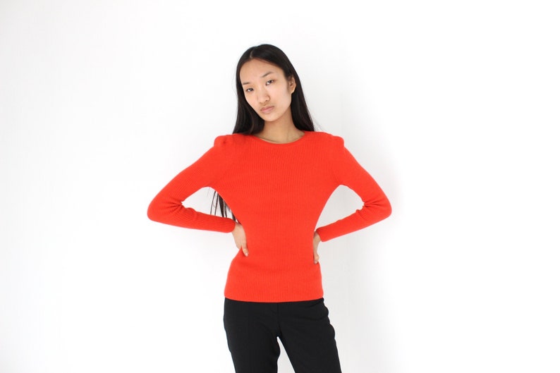 Y2K Angora Blend Bright Orange Ribbed Stretch Knit Crew Neck Fitted Sweater Top image 1