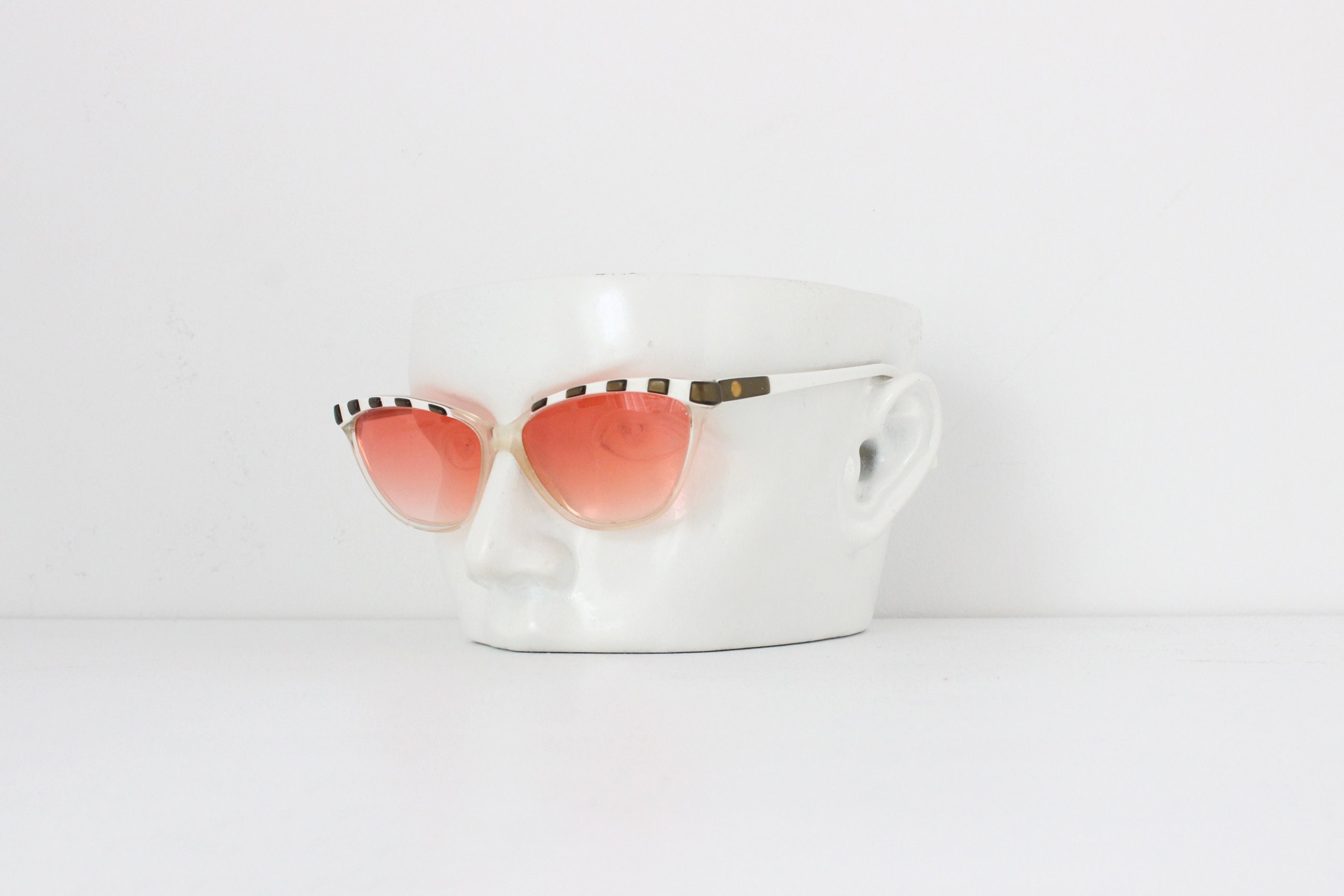 1980s Karl Lagerfeld Paris Striped Cat Eye Sunglasses W 