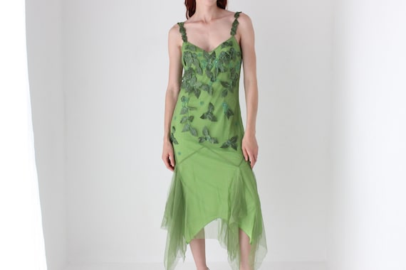 Y2K Mesh Wood Nymph Fairy Leaf Textured 3D Beaded Cocktail Dress W/ Jagged  Hem - Etsy Norway
