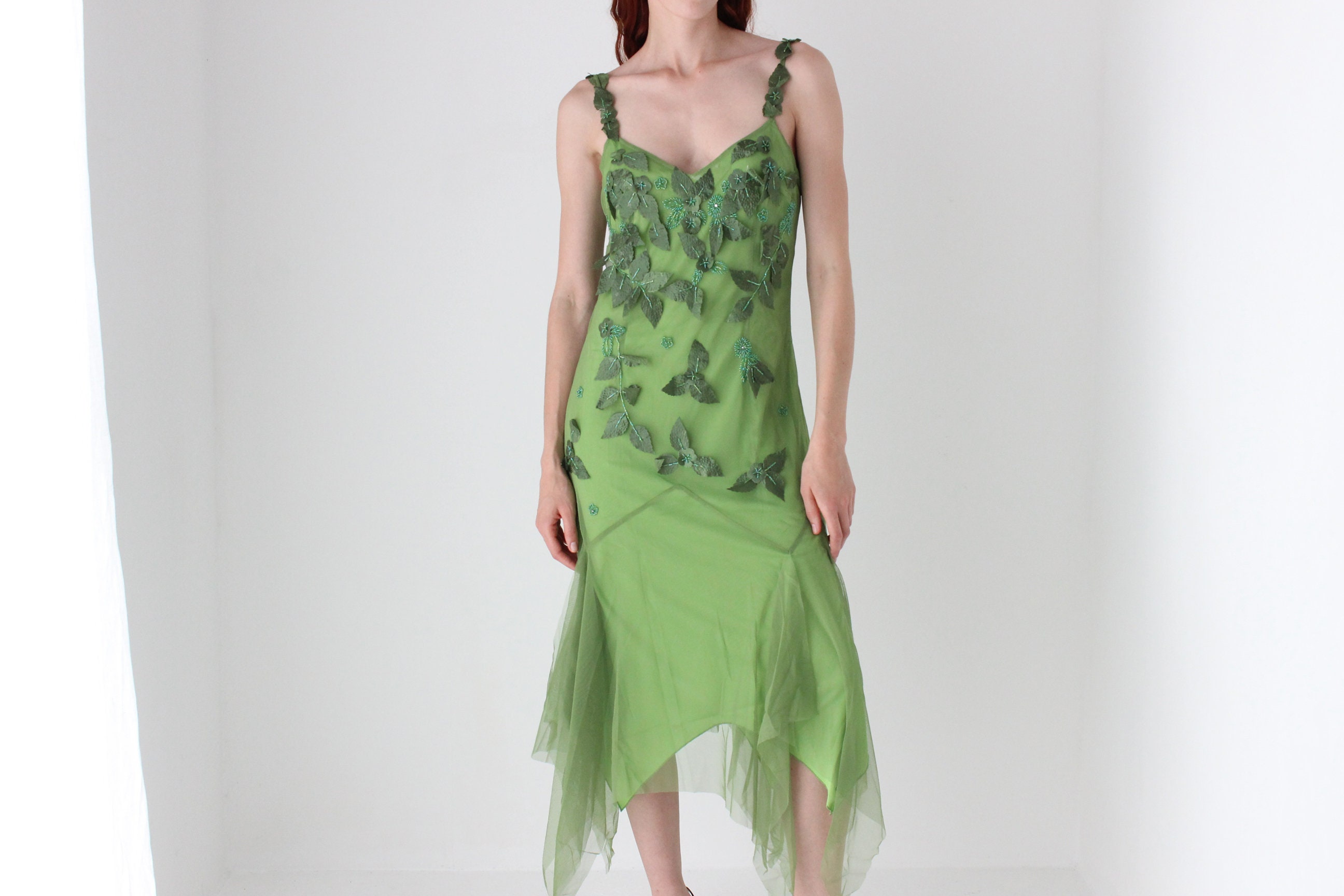 Y2K Mesh Wood Nymph Fairy Leaf Textured 3D Beaded Cocktail