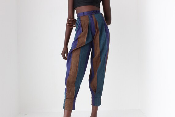 80s KENZO Paris Raw Silk Striped Balloon Leg High… - image 9