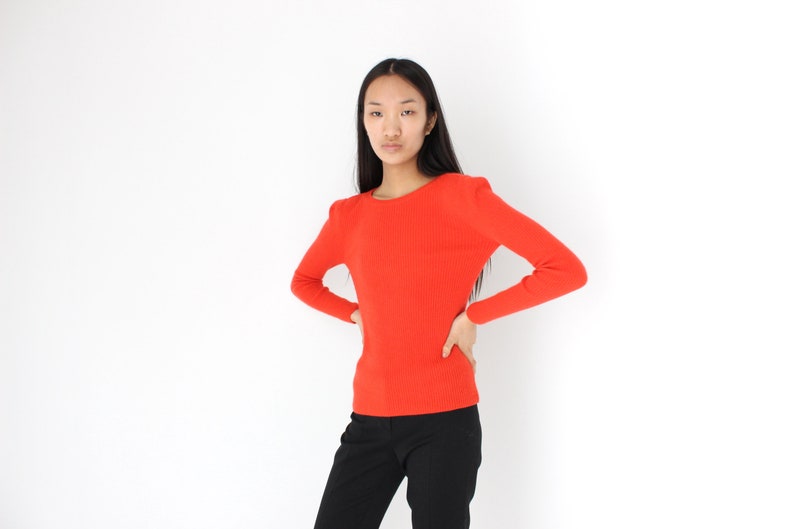 Y2K Angora Blend Bright Orange Ribbed Stretch Knit Crew Neck Fitted Sweater Top image 4