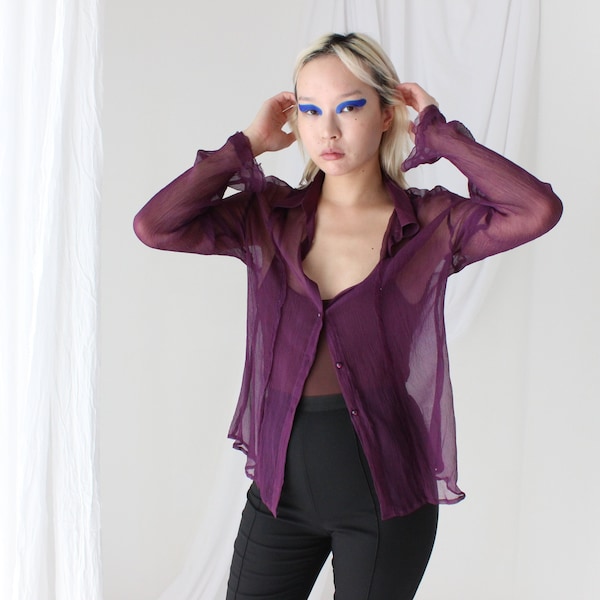90s Crinkle Silk Crêpe Chiffon Sheer & Sexy Purple Button Up Blouse / Shirt - Unworn Old Stock