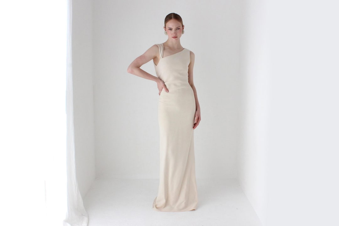 2000s Vintage J Mendel Wool & Silk Neutral / Minimal Sleeveless Bridal Wedding Dress