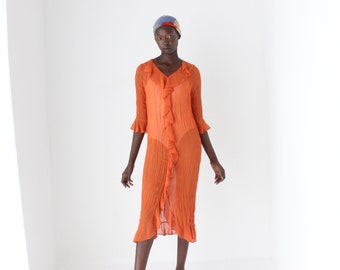 90s Crinkle Textured Sheer Orange Ruffle Relaxed Shirt Dress